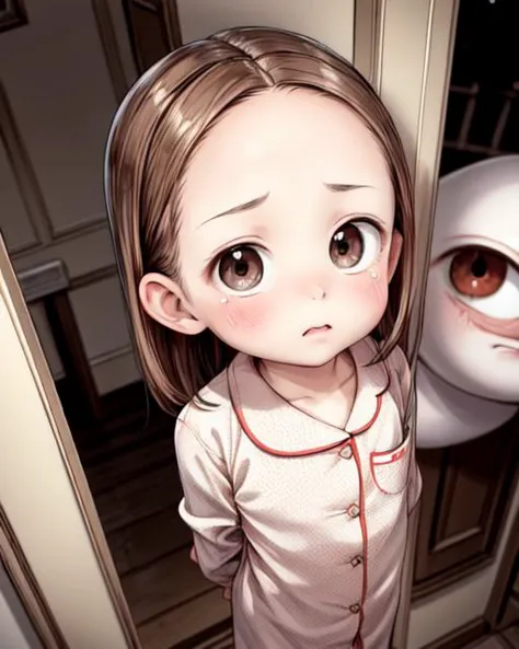 (masterpiece,best quality,ultra_detailed,highres,absurdres, dimly lit:1.2),
(horror movie theme:1.6),
(scared to sleep alone:1.4), 
(front above view of chii looking up at viewer standing with arms behind her back in an open doorway at night being chased by an evil ghost faces:2.0),
(darkness with evil fierce scary ghost faces behind girl:2.0),
(arms stretched out:1.4),
(chii,cute,lovely,adorable:1.6),
(looking anxiously up at viewer, very teary eyes, fearful expression, eye contact:1.8),
full body, upper body focus,
(view from above, pov from above:2.0),(girl in the center facing viewer:1.3), highly detailed,
blush,brown hair, big brown eyes, medium hair, (parted bangs:1.2),(forehead:1.8),long sleeves,(wearing cute girly pajama:1.5),
<lora:ScaredToSleepAlone:0.5> , <lora:chii:0.5>, <lora:add_detail:1.5>,