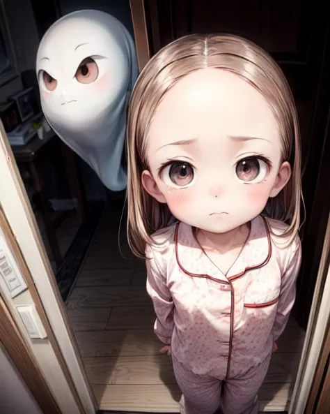 (masterpiece,best quality,ultra_detailed,highres,absurdres, dimly lit:1.2),
(scared to sleep alone:1.4), 
(front above view of chii being chased by evil ghosts looking up at viewer standing with arms behind her back in an open doorway at night:1.8),
(dark room with evil fierce scary ghost faces in background:2.0),
(arms stretched out:1.4),
(chii:1.6),
(looking anxiously up at viewer, teary eyes, fearful expression, eye contact:1.8),
full body, upper body focus,
(view from above, pov from above:1.8),(girl in the center facing viewer:1.3), highly detailed, cute,lovely,
blush,brown hair, big brown eyes, medium hair, (parted bangs:1.2),(forehead:1.4),long sleeves,(wearing cute girly pajama:1.7),
<lora:ScaredToSleepAlone:0.5> , <lora:chii:0.5>, <lora:add_detail:1.5>,