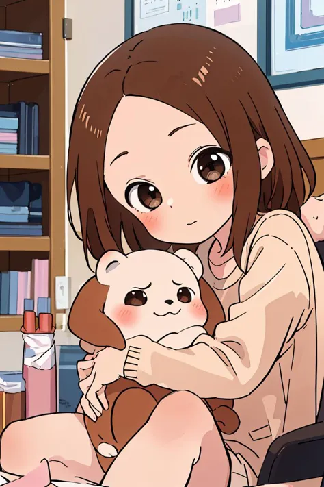 anime girl holding a stuffed animal in her lap in a room