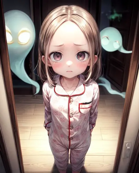 (masterpiece,best quality,ultra_detailed,highres,absurdres, dimly lit:1.2),
(scared to sleep alone:1.4), 
(front above view of chii being chased by evil ghosts looking up at viewer standing with arms behind her back in an open doorway at night:1.8),
(dark room with evil fierce scary ghost faces in background:2.0),
(arms stretched out:1.4),
(chii:1.6),
(looking anxiously up at viewer, teary eyes, fearful expression, eye contact:1.8),
full body, upper body focus,
(view from above, pov from above:1.8),(girl in the center facing viewer:1.3), highly detailed, cute,lovely,
blush,brown hair, big brown eyes, medium hair, (parted bangs:1.2),(forehead:1.4),long sleeves,(wearing cute girly pajama onesie:1.5),
<lora:ScaredToSleepAlone:0.5> , <lora:chii:0.5>, <lora:add_detail:1.5>,