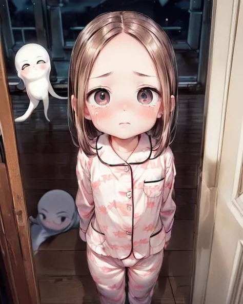 (masterpiece,best quality,ultra_detailed,highres,absurdres, dimly lit:1.2),
(scared to sleep alone:1.4), 
(front above view of chii looking up standing with arms behind her back in an open doorway at night in front of evil ghosts:1.8),
(dark room with evil fierce ghosts in background:2.0),
(arms stretched out:1.4),
(chii:1.6),
(looking anxiously up at viewer, teary eyes, eye contact:1.8),
full body, upper body focus,crotch focus,
(view from above, pov from above:1.8),(girl in the center facing viewer:1.3), highly detailed, cute,lovely,
blush,brown hair, big brown eyes, medium hair, (parted bangs,forehead:1.2),long sleeves,(wearing cute girly pajama:1.5),
<lora:ScaredToSleepAlone:0.5> , <lora:chii:0.5>, <lora:add_detail:1.5>,