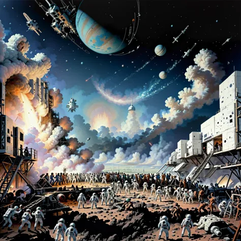 a large battle with astronauts, battle, crowd of soldiers, landing site, apollo mission