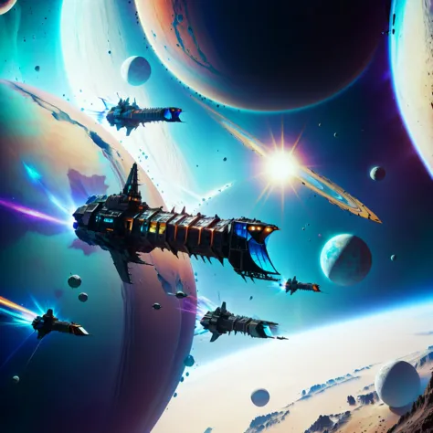 a group of impstarships flying through a space orbiting a planet and moon