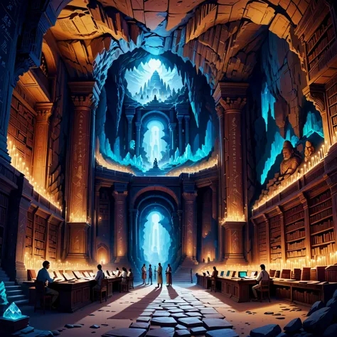 a painting of a library with a giant cave and a man standing in the middle