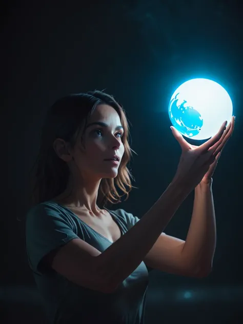 woman holding a glowing blue ball in her hands