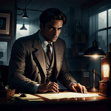 arafed man in suit writing on a piece of paper at a desk