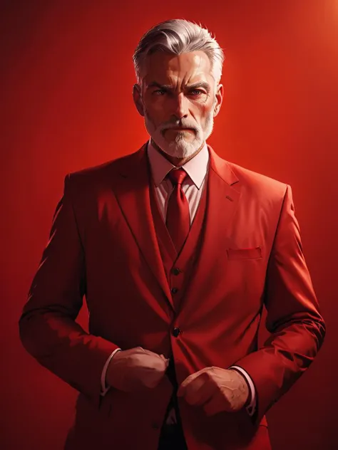 man with white beard, red background, business suit, realistic, professional picture, strong red backlight, cinematic,