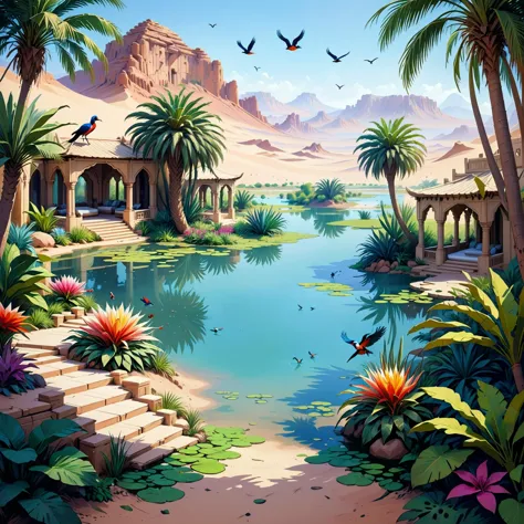 A hidden garden oasis in the middle of a vast desert, featuring a crystal-clear lake, lush vegetation, and exotic birds fluttering around.