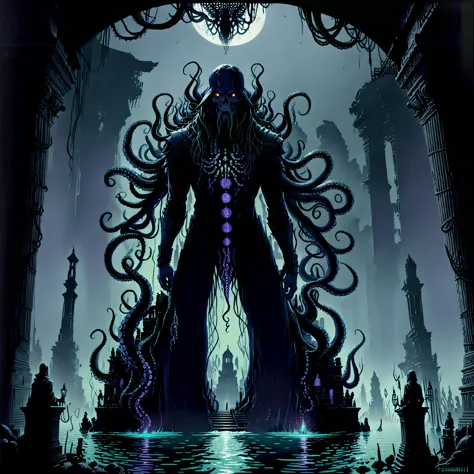 Cthulhu rises, ancient temple, moonlit night, ominous fog, twisted spires, eldritch symbols, decaying statues, foreboding ocean, (tentacles:1.4), (dark waters:1.2), (unspeakable horror:1.5), (forbidden knowledge:1.3), (ancient ruins:1.1), (mystic aura:1.3), fear, despair, insanity, cosmic dread, Lovecraftian horror, etching, detailed, monochrome, eerie shadows, Edward Gorey