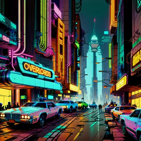 Machine uprising, city chaos, neon rebellion, (robotic overlords:1.5), (technological dystopia:1.4), 1970s cityscape, (retro-futurism:1.6), (neon lights:1.2), cybernetic enhancements, (digital revolution:1.3), vintage cars, analog computers, (propaganda posters:1.1), rebellion graffiti, resistance fighters, (old-school sci-fi:1.4), vibrant, colorful, action-packed, concept art, airbrush, detailed, (1970s aesthetics:1.2), Syd Mead