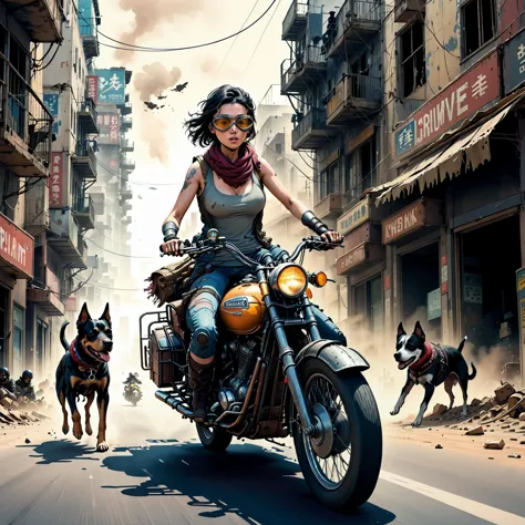 A post-apocalyptic survivor on a motorcycle, speeding through a deserted city with a loyal dog in the sidecar, both wearing goggles and scarves against the dust.