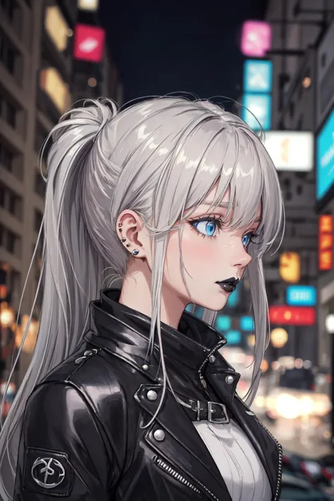 a woman with long white hair and blue eyes standing in the middle of a city