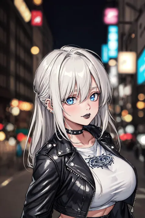 a woman with white hair and blue eyes standing in the middle of a city