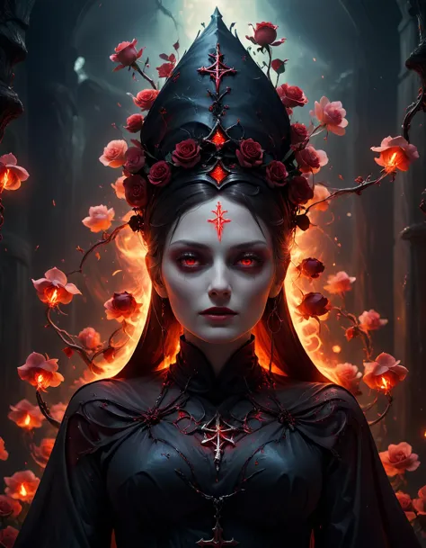 (photorealistic:1.2, Fujifilm XT3) photo of 20 year old beautiful (Nun), corrupted, seduced by the devil, wearing ((demonic) bio nun robes), glowing red eyes, by Henry asencio, by Josephine Wall, glowing intricate metal choker with runes, medium perfect breasts, betmd,  orchids,  Clovers, roses,  flowers, colorful,  dynamic pose,  levanders (masterpiece:1.2), (epic composition:1.4), (talent:1.2), ultra detailed, cinematic lighting, highly detailed, insanely detailed, (photorealistic:1.2), hdr, 8k, exquisite, sharp, elegant, ambient lighting, high quality
