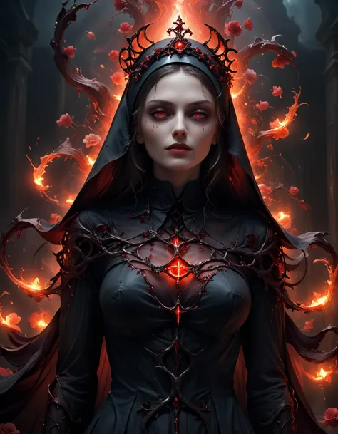 (photorealistic:1.2, Fujifilm XT3) photo of 20 year old beautiful (Nun), corrupted, seduced by the devil, wearing ((demonic) bio nun robes), glowing red eyes, by Henry asencio, by Josephine Wall, glowing intricate metal choker with runes, medium perfect breasts, betmd,  orchids,  Clovers, roses,  flowers, colorful,  dynamic pose,  levanders (masterpiece:1.2), (epic composition:1.4), (talent:1.2), ultra detailed, cinematic lighting, highly detailed, insanely detailed, (photorealistic:1.2), hdr, 8k, exquisite, sharp, elegant, ambient lighting, high quality