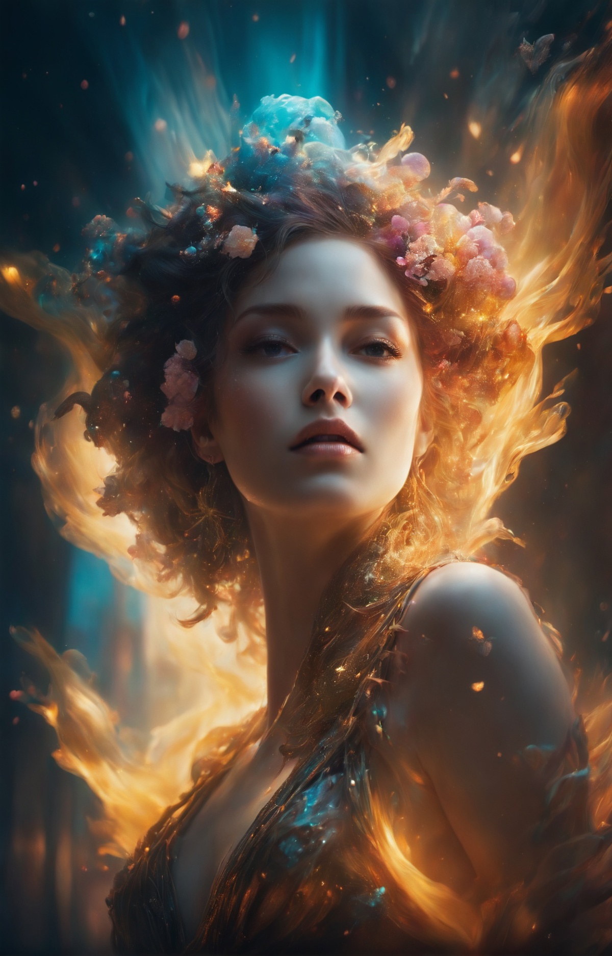 A woman with a flower crown on her head and a fire in her hair - SeaArt AI