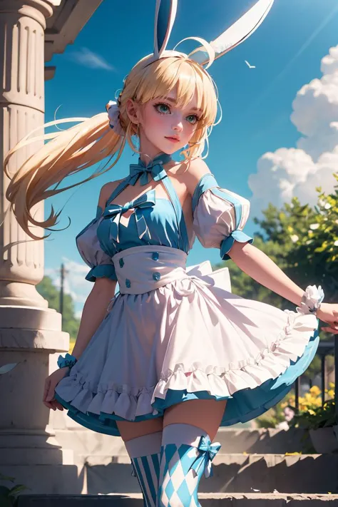 (masterpiece, best quality), 1girl,  <lora:ArtoriaCasterSwimsuitSecondAscension:0.8> dress, frills, twintails, ahoge, rabbit ears, striped, thighhighs, mismatched legwear, short sleeves, detached sleeves, puffy sleeves, apron, bow, wrist cuffs, white footwear