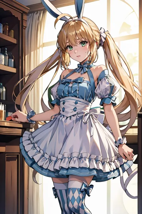 (masterpiece, best quality), 1girl,  <lora:ArtoriaCasterSwimsuitSecondAscension:0.8> dress, frills, twintails, ahoge, rabbit ears, striped, thighhighs, mismatched legwear, short sleeves, detached sleeves, puffy sleeves, apron, bow, wrist cuffs, white footwear