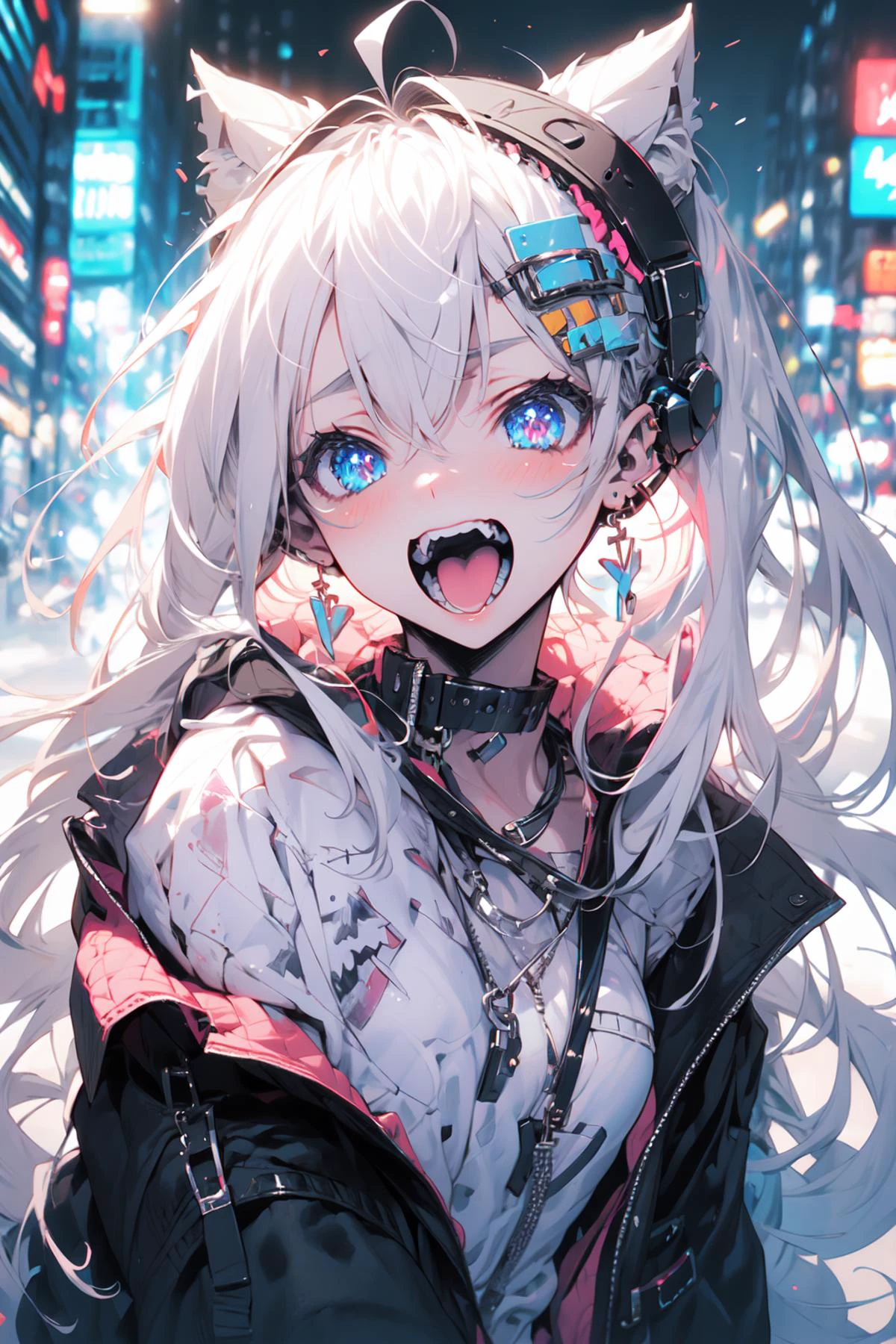 Anime girl with white hair and blue eyes in a city - SeaArt AI