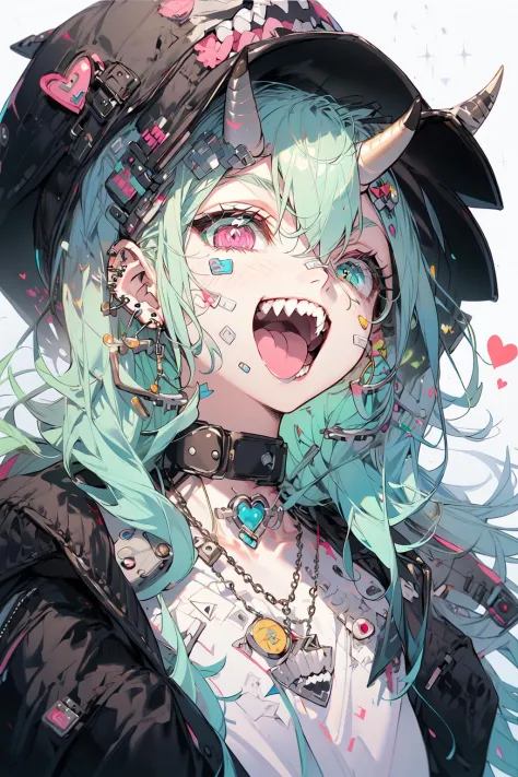 (masterpiece:1.2), best quality,PIXIV,Rebellious girl,portrait, 
1girl, solo, tongue, hat, teeth, jewelry, sharp teeth, green hair, multicolored hair, looking at viewer, green eyes, open mouth, jacket, tongue out, piercing, necklace, heterochromia, ear piercing, upper body, bandaid, horns, baseball cap, hair between eyes, choker, bandaid on face, black shirt, pink eyes, earrings, bangs, simple background, hair ornament, smile, heart, open clothes, white background, open jacket, collar, badge, shirt, chain, chain necklace, streaked hair, white jacket, hairclip, spikes
 <lora:Rebellious girl_20230813171407:1>