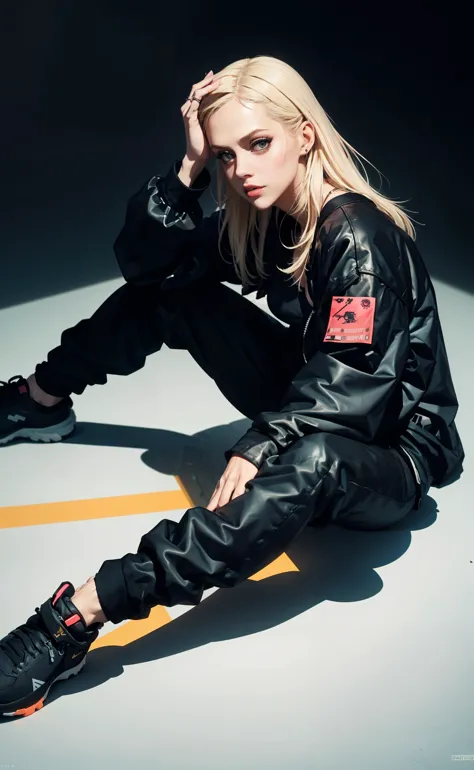 a woman sitting on a white surface wearing a black jacket and black pants