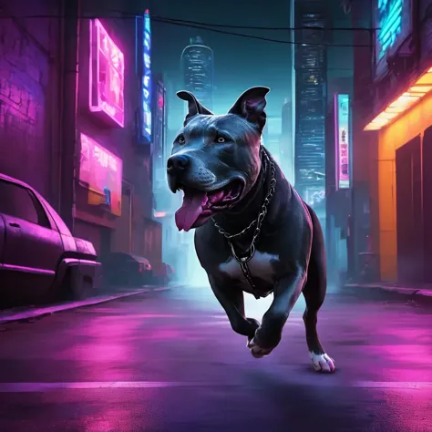 Gray Pitbull Dog running through the dark alley ways of a futuristic neon city, vivid multi color landscape with tall buildings, epic moon in the distance, cinematic lighting, insane detail, high resolution, award winning, birds eye view <lora:Gray Pitbull Dog:1>, Cyberpunk art style, futuristic cityscapes, neon-lit streets, high-tech and low-life, cybernetic enhancements, dystopian and gritty atmosphere