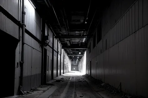 RAW photo of a future alley in a megacity, masterpiece, best quality, no humans, greyscale, building, industrial pipes, renderin...
