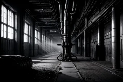 masterpiece, best quality, no humans, greyscale, building, detailed industrial pipes, rendering <lora:Blame8ep5r159i:.9> <lora:a...