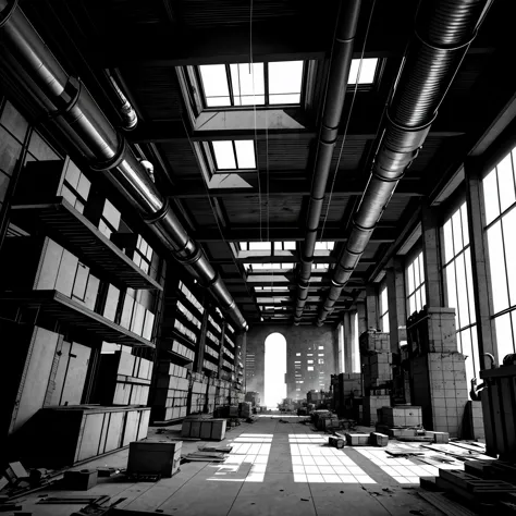 masterpiece, best quality, no humans, greyscale, building, intricate industrial pipes, rendering <lora:Blame8ep5r159i:.5> Clutte...