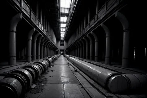RAW photo of masterpiece, best quality, no humans, greyscale, building, industrial pipes, rendering <lora:Blame8ep5r159i:.9>