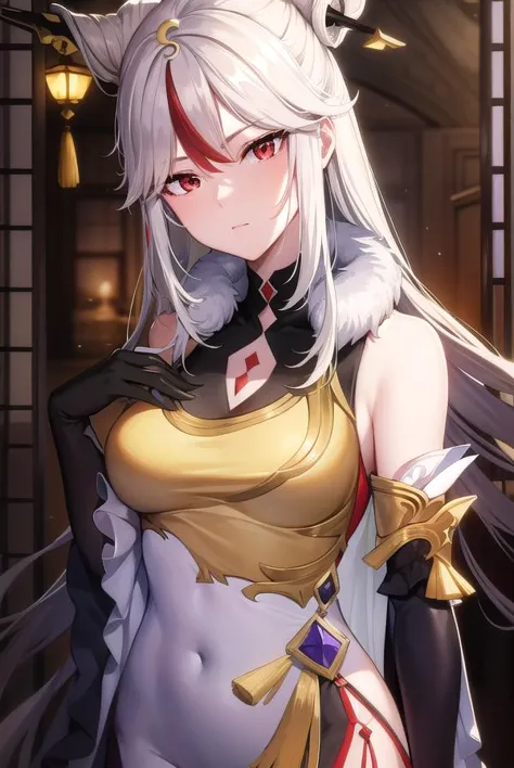 ningguang, <lyco:ningguang-lyco-nochekaiser:1>,
ningguang, grey hair, hair ornament, hairpin, long hair, parted bangs, (red eyes:1.5), sidelocks, streaked hair, red hair, <lora:smirkingeye_v100:1>,
BREAK bare shoulders, black gloves, chinese clothes, claw ring, detached sleeves, dress, elbow gloves, frilled sleeves, frills, fur collar, gloves, jewelry, pelvic curtain, sleeveless, sleeveless dress, white dress,
BREAK looking at viewer, full body, (cowboy shot:1.5),
BREAK indoors,
BREAK <lyco:GoodHands-beta2:1>, (masterpiece:1.2), best quality, high resolution, unity 8k wallpaper, (illustration:0.8), (beautiful detailed eyes:1.6), extremely detailed face, perfect lighting, extremely detailed CG, (perfect hands, perfect anatomy),