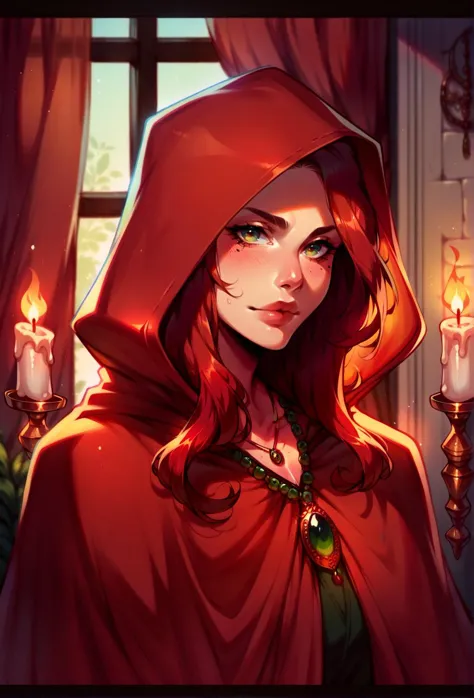 a woman in a red cloak holding a candle in her hand