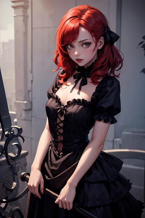 (masterpiece, best quality), 1girl, red hair, medium chest, gothic frill dress, pervert face,