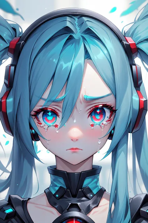 anime girl with blue hair and headphones with a red eye