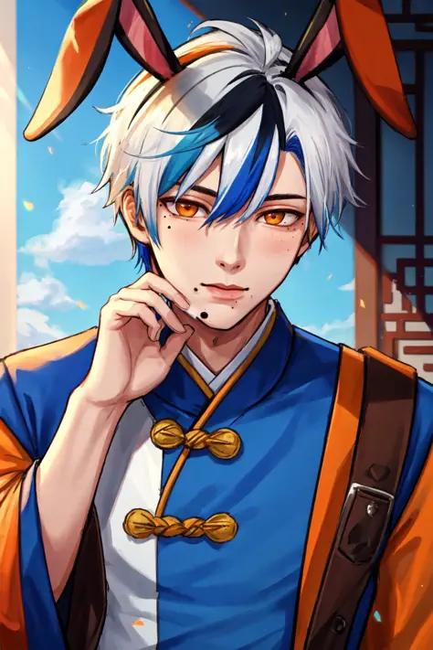 masterpiece, best quality, 1boy, male focus, solo, blue hair, multicolored hair, rabbit ears, two-tone hair, mole, white hair, c...