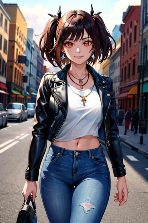 cowboy shot, solo, 1girl, smile, looking at viewer, two side up, hair ornament, orange eyes, open clothes, leather jacket, open jacket, cropped shirt, jeans, jewelry, necklace, earrings, cityscape, street, 8k, absurdres, (UHD:1.2), (masterpiece, ultra detailed, best quality, highres, extremely delicate and beautiful:1.3), dynamic angle, (detailed face),