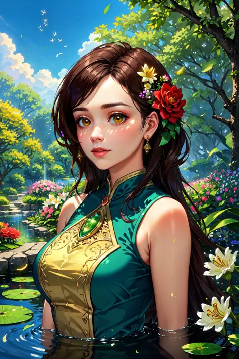 (masterpiece:1.2, best quality), (real picture, intricate details), (1lady, solo, upper body:1.2), big tits colorful garden, wit...