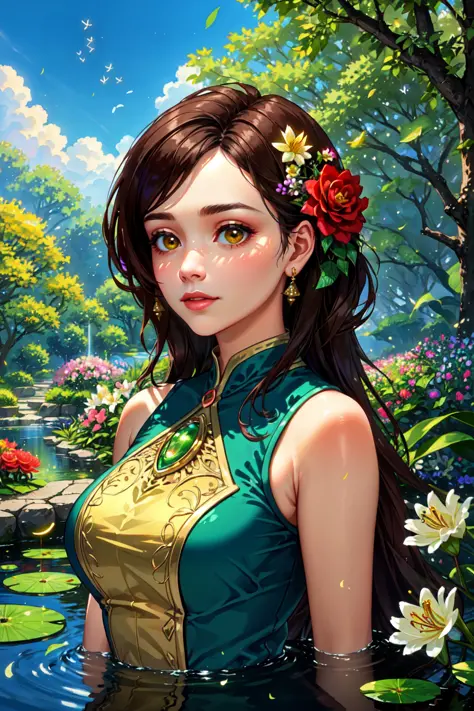 (masterpiece:1.2, best quality), (real picture, intricate details), (1lady, solo, upper body:1.2), big tits colorful garden, with blooming flowers of all shapes and sizes. The air is thick with the sweet fragrance of roses and jasmine. A small pond shimmers in the sunlight, its surface dotted with lily pads. In the distance, a pair of peacocks strut about, their feathers glistening in the sun. Bees buzz about, pollinating the flowers and adding to the lively energy of the scene.