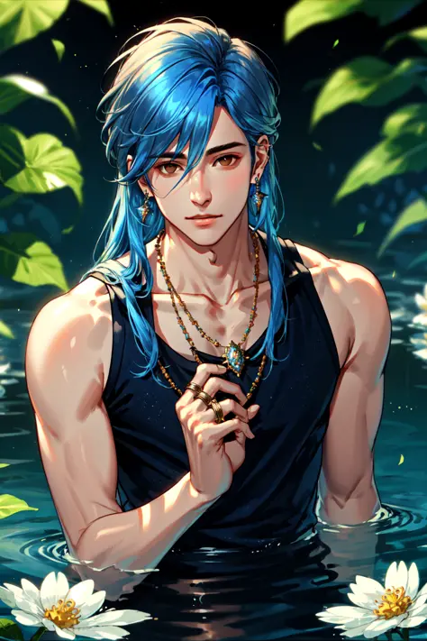 long hair, looking at viewer, 1boy, brown eyes, jewelry, blue hair, collarbone, flower, male focus, earrings, solo focus, water,...