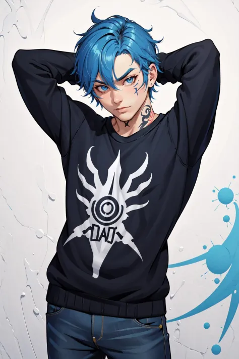 solo,  shirt,  1boy,  blue hair,  male focus,  arms up,  sweater,  tattoo,  arms behind head,  graffiti