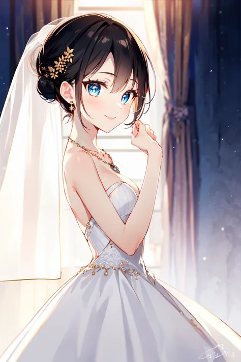 anime bride in a wedding dress with a veil and tiable