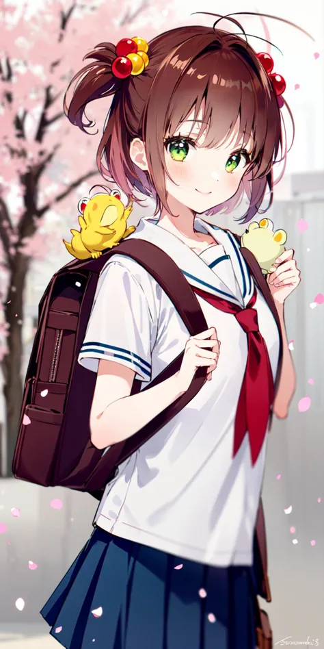 anime girl with backpack and bird on shoulder