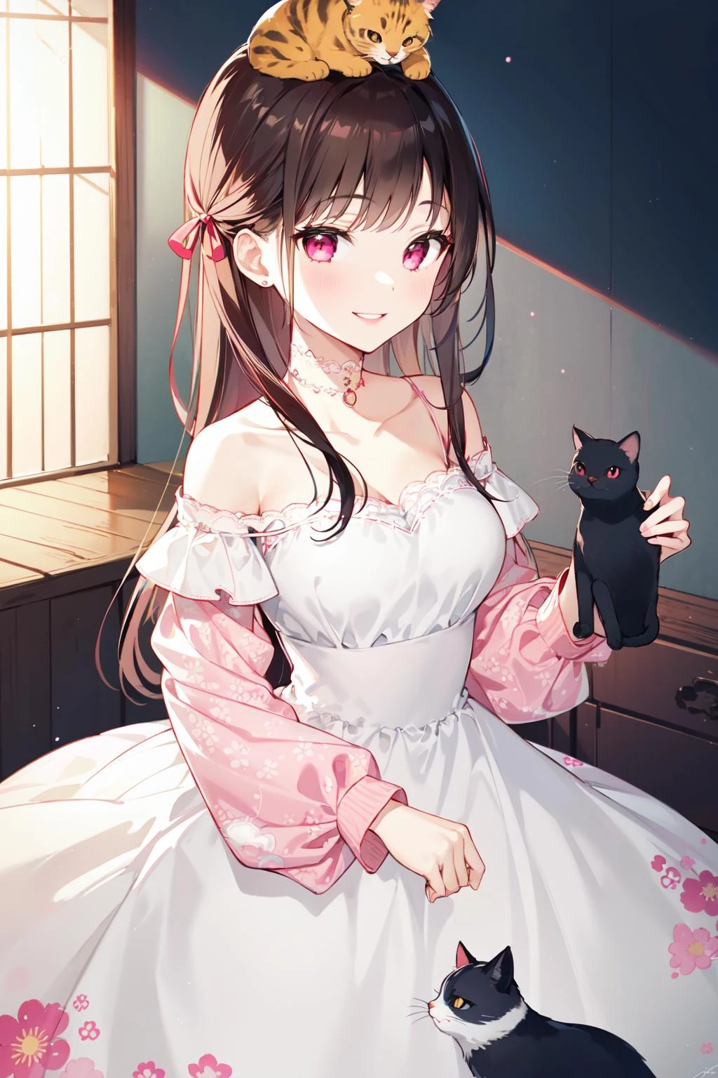 Девушка аниме в белом платье держит на руках черную кошку - SeaArt AI
