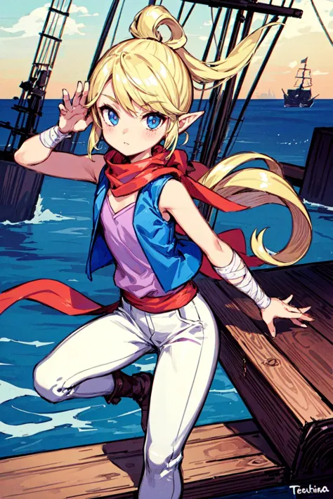 1girl, small girl, flat chest, solo, white slim pants, purple sleeveless shirt, blue vest, red scarf, red sash, forearm bandage, <lora:Tetra_Zelda:0.6>, Tetra_Zelda, outdoors, island, docks, pirate ship, dynamic pose, <lora:add_detail:0.7>,