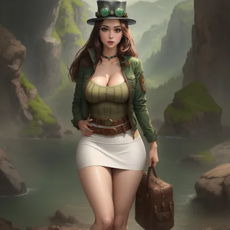 (masterpiece, high res, realistic) <lora:steampunker-nvwls-v1:1> stpunker, brown shirt, green jacket, cleavage, white skirt, bel...
