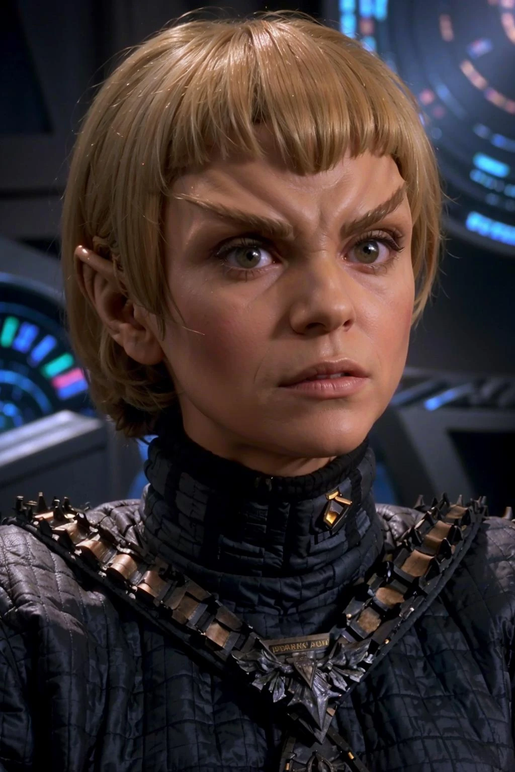 headshot of a romulan woman, triangle bangs, pointy ears, pointy ...