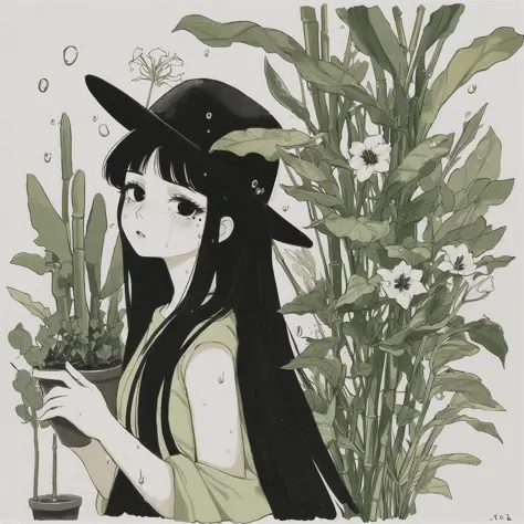 Slight retro color, flat, grainy, riso print style, illustration, cute, white space, low saturation, 1girl, antennae, bamboo, bangs, black hair, branch, cactus, cloud, dandelion, expressionless, flower, flower pot, ivy, leaf, lily \(flower\), limited palette, long hair, looking at viewer, makeup, mixed media, mole, moon, morning glory, palm leaf, palm tree, plant, portrait, potted plant, seaweed, solo, spring onion, sweat, tan background, tanabata, tanzaku, tears, traditional media, tree, tulip, vegetable, vines, water drop, 1girl, solo, long hair, looking at viewer, bangs, black hair, hat, parted lips, black eyes, leaf, plant, portrait, freckles, limited palette