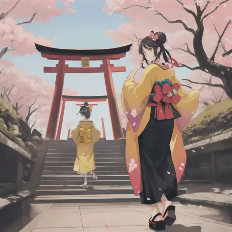 Slight retro color, flat, grainy, riso print style, illustration, cute, white space, low saturation, 2girls, black kimono, black legwear, black ribbon, black hair, cherry blossoms, day, flower, hair bun, hair ribbon, japanese clothes, kimono, long hair, looking at viewer, looking back, multiple girls, obi, outdoors, red eyes, red hair, ribbon, sandals, single hair bun, stairs, standing, statue, torii, tree, white kimono, yellow eyes