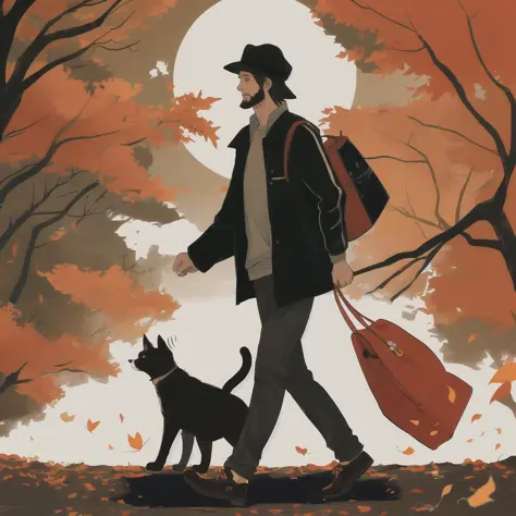 Slight retro color, flat, grainy, riso print style, illustration, cute, white space, low saturation, 1boy, animal, autumn, autumn leaves, bag, bird, black hair, branch, cat, facial hair, flower, fox, full moon, hat, jacket, leaf, lily \(flower\), male focus, maple leaf, moon, open clothes, pants, plant, shirt, shoes, solo, standing, stubble, sun, tree, walking, white flower, solo, smile, short hair, shirt, black hair, long sleeves, 1boy, standing, jacket, male focus, shoes, pants, bag, tree, profile, shadow, bird, animal, leaf, brown footwear, plant, walking, dog, limited palette