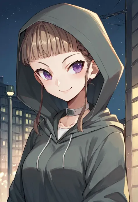 anime girl in hoodie standing in front of a building